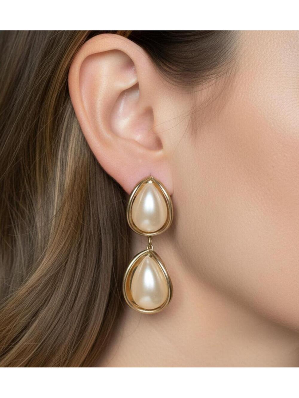 Vintage Gold-Tone Teardrop Faux Pearl Drop Earrings with Lever Back Closure
